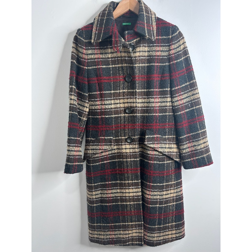 United Colors of Benetton Plaid Wool Blend Longline Pea Coat Red Brown 42 Preppy
